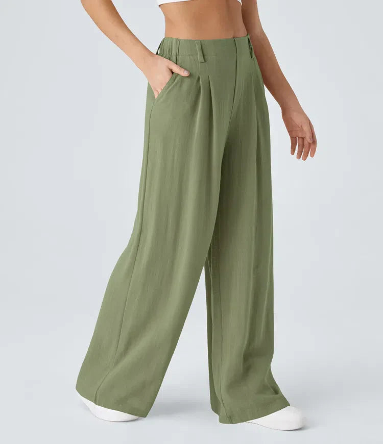 Hochtaillierte Baumwollhose mit weitem Bein und Seitentaschen