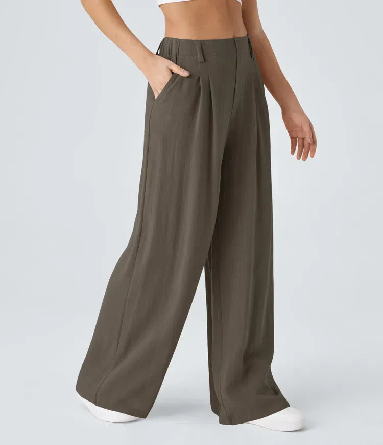 Hochtaillierte Baumwollhose mit weitem Bein und Seitentaschen