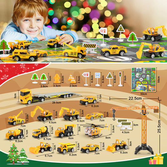 Baustellen Adventskalender für Kinder mit Baufahrzeugen | Weihnachtskalender mit Kran, Verkehrsschildern und Spielbrett aus Kunststoff
