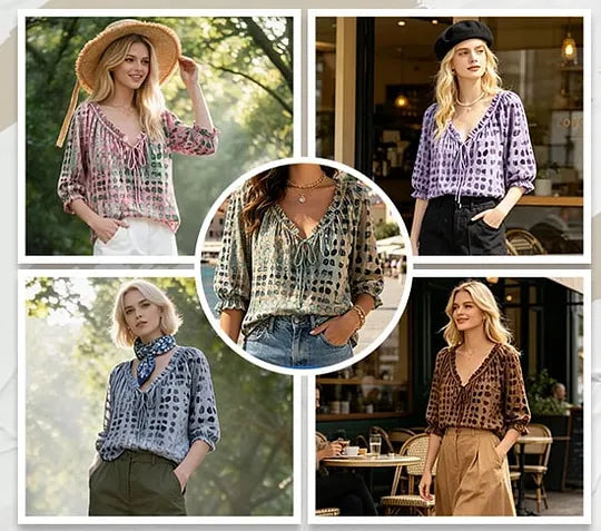 Orlyna - Bluse Mit Schnürung Und V-ausschnitt in Polka Punkt Optik