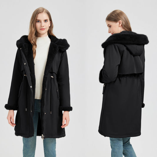 Damen langer Parka mit abnehmbarer Kapuze und taillenverstellbarem Kordelzug