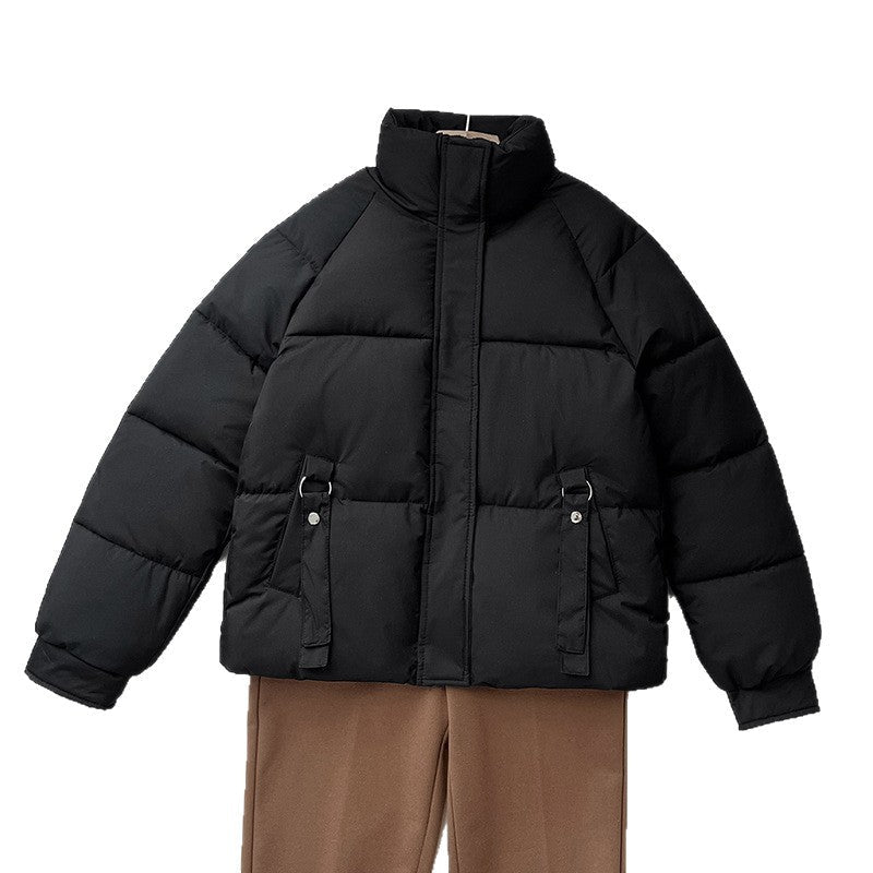 Damen kurze gesteppte Pufferjacke mit hohem Stehkragen und D-Ring Taschenapplikation