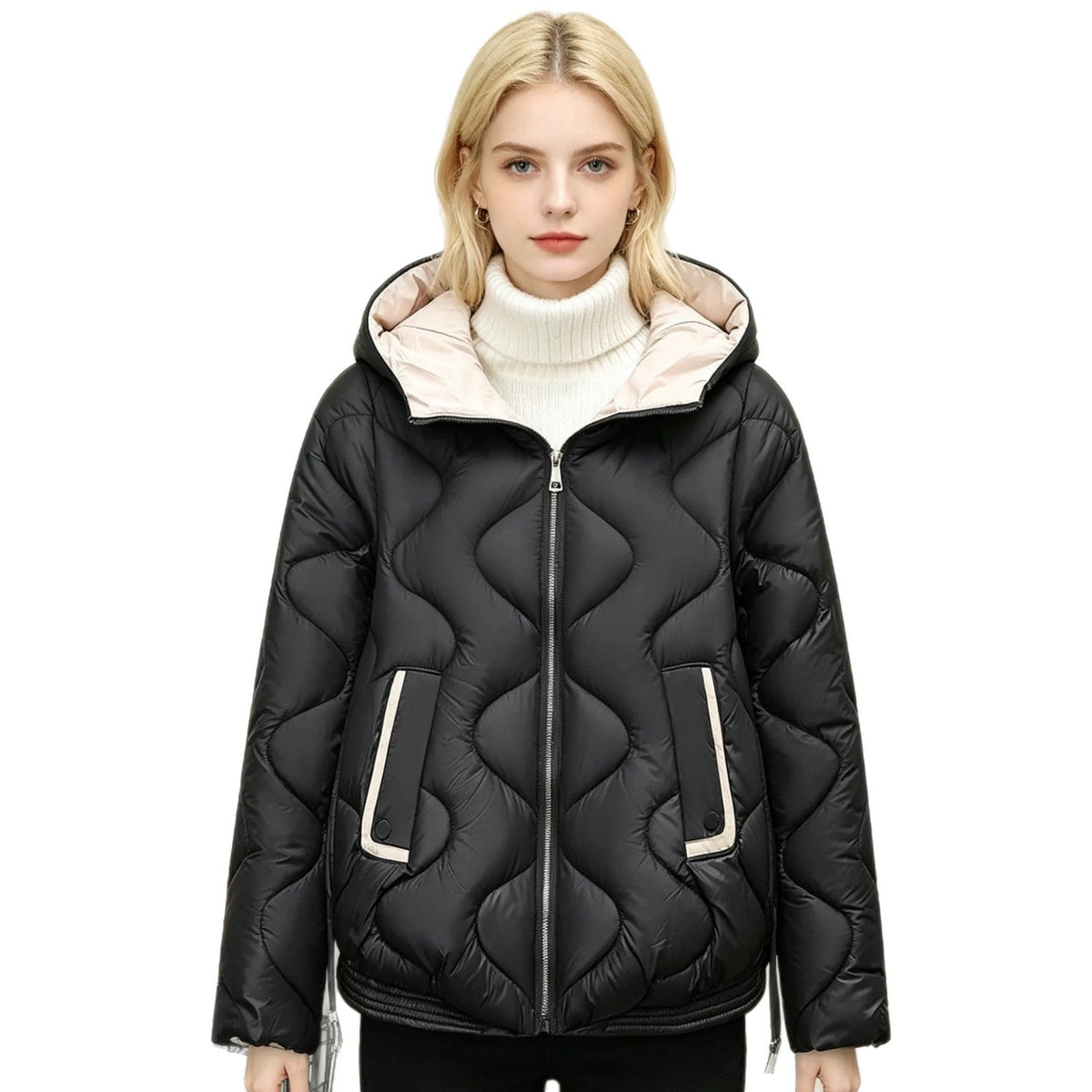 Damen wattierte Kurzjacke mit Herzsteppung, abgerundetem Saum und Kapuze