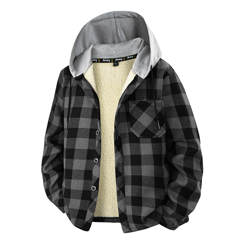 Herren kariertes Overshirt mit Kapuze, Brusttasche und Druckknopfverschluss