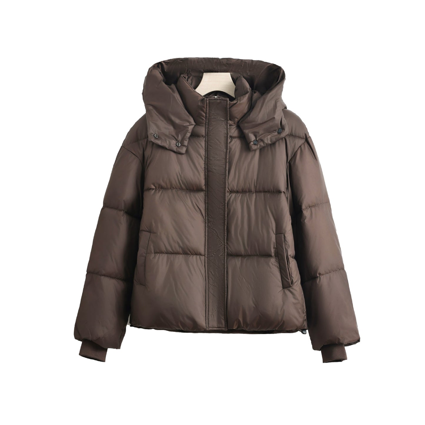 Damen kurze Microfaser-Pufferjacke mit herausnehmbarem Kragenpolster und Tunnelzugsaum