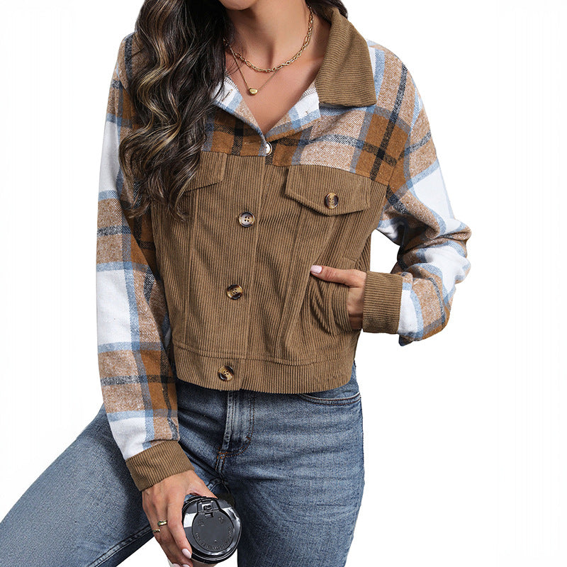 Damen Kurzjacke mit karierten Ärmeln und Taschen