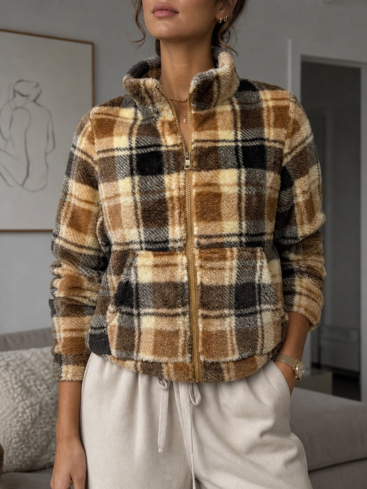 Damen Kurzjacke mit Karomuster, Reißverschluss und Taschen