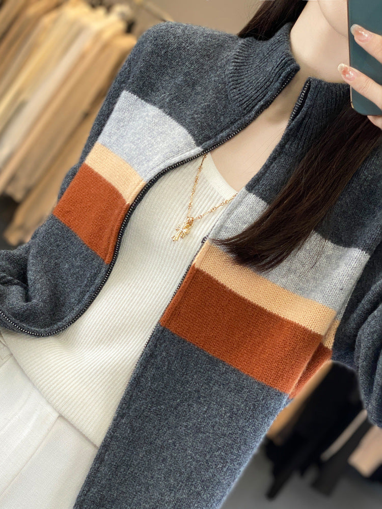 Damen Strickjacke mit Streifen und Reissverschluss