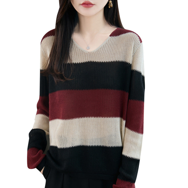 Damen Pullover mit V-Ausschnitt und Streifen