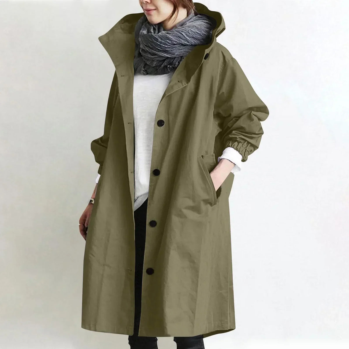 Damen Lange Kapuzen-Trenchcoat