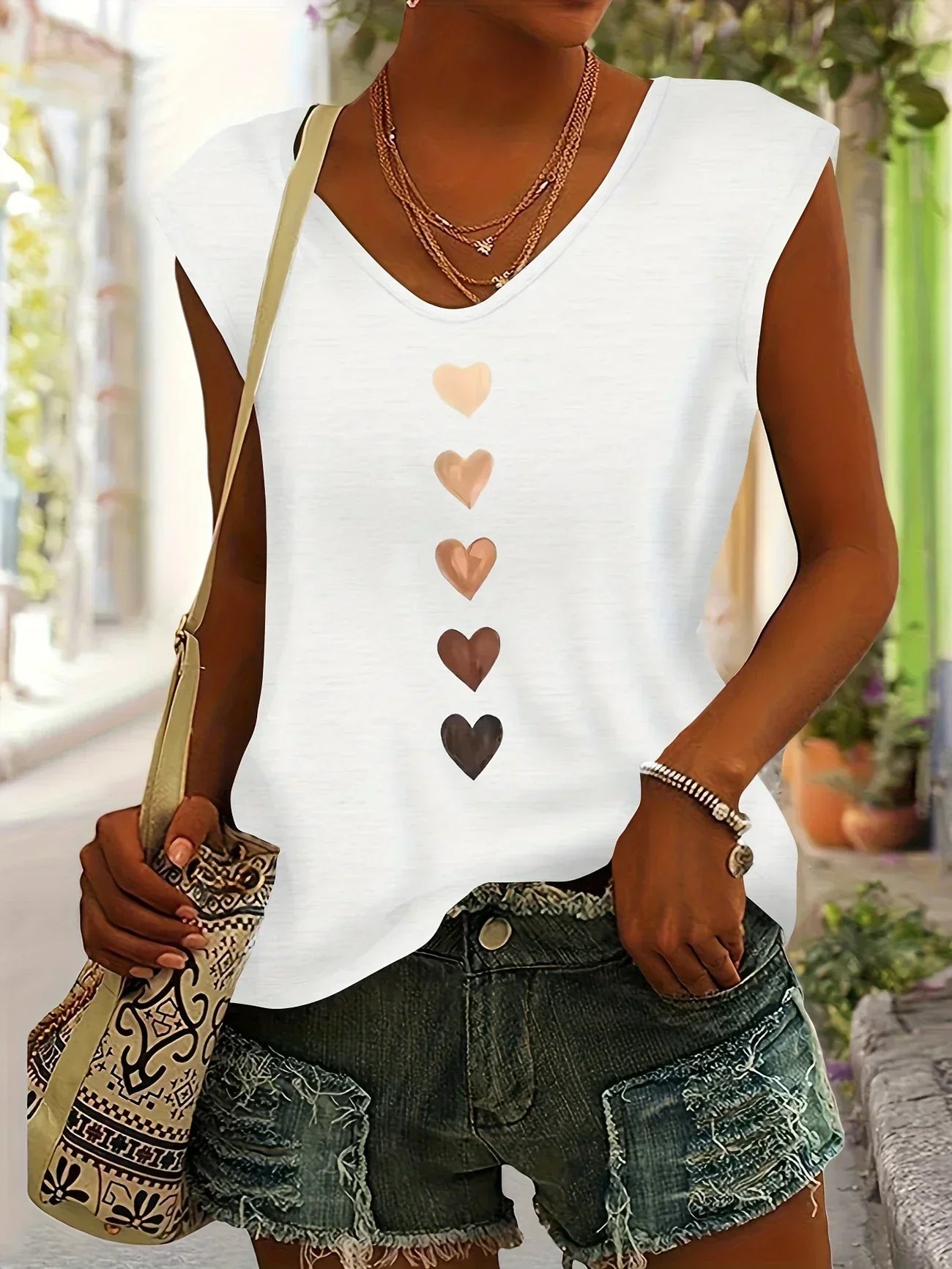Amouryn | Herzprint-Shirt mit V-Ausschnitt und lässiger Leichtigkeit