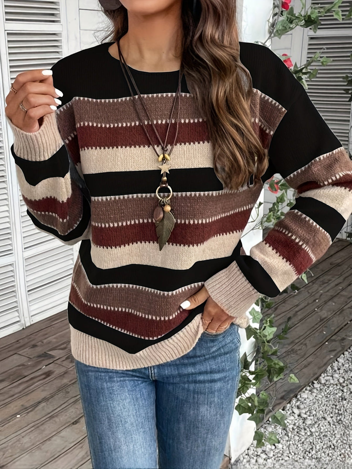 Delphine | Damen gestreifter Pullover mit Rundhalsausschnitt