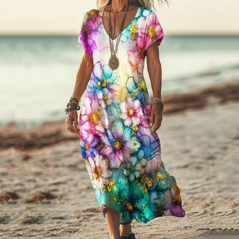 Zarela - Boho Maxikleid mit V-Ausschnitt | Fließend, Weiblich, Zeitlos