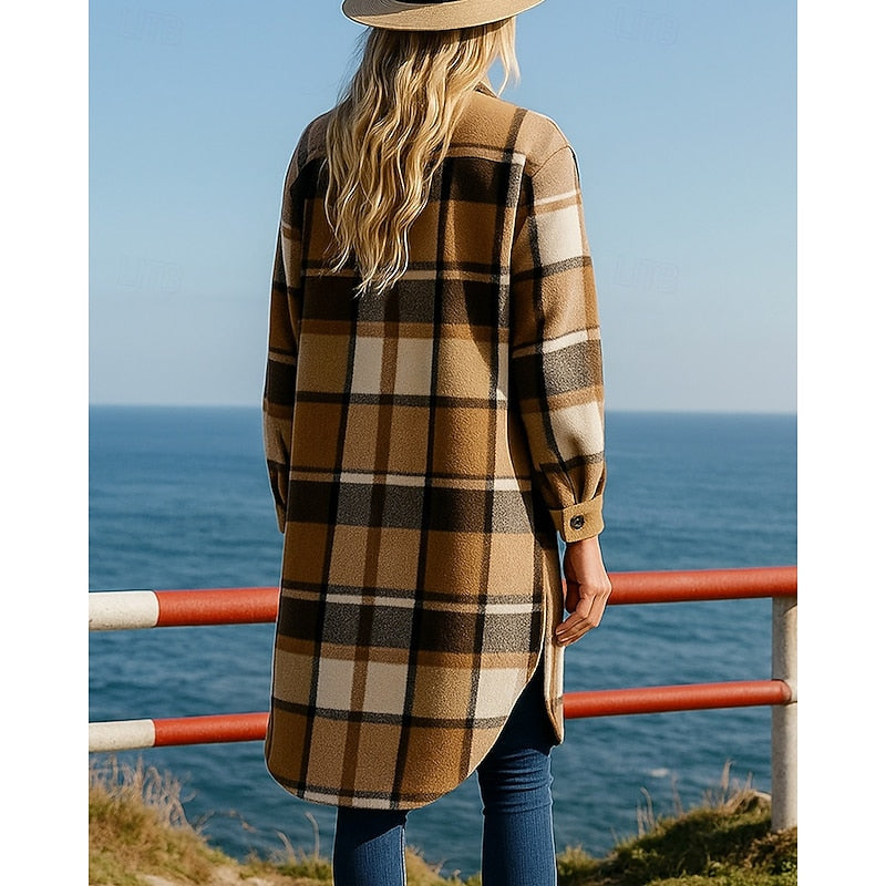 Damen Longline-Mantel mit Karomuster, Knöpfen und Taschen