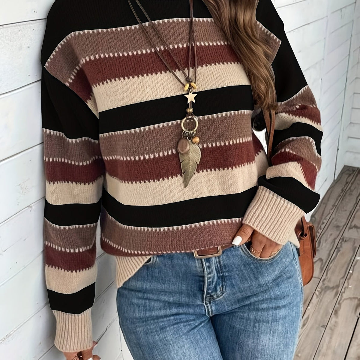 Delphine | Damen gestreifter Pullover mit Rundhalsausschnitt