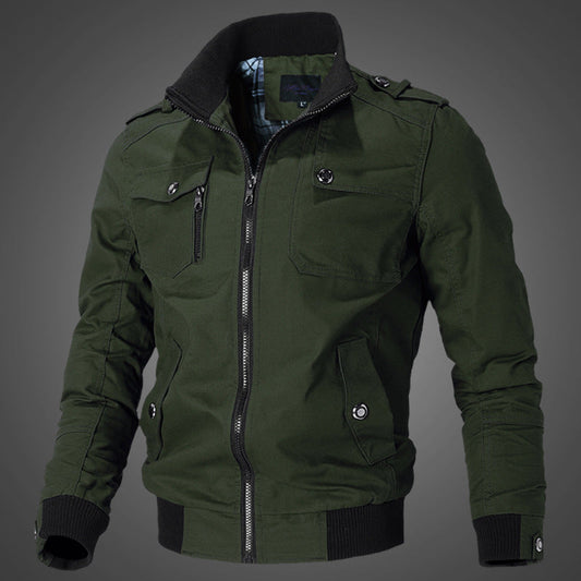 Herren robuste Canvas-Bomberjacke mit Schulterklappen und Reißverschluss-Front