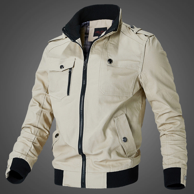 Herren robuste Canvas-Bomberjacke mit Schulterklappen und Reißverschluss-Front
