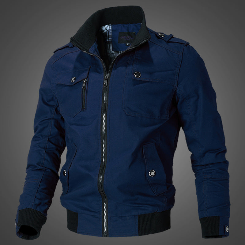 Herren robuste Canvas-Bomberjacke mit Schulterklappen und Reißverschluss-Front
