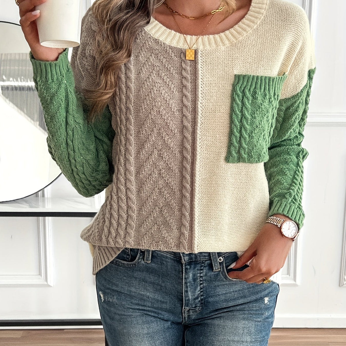 Delia | Damen Pullover mit Rundhalsausschnitt und Tasche
