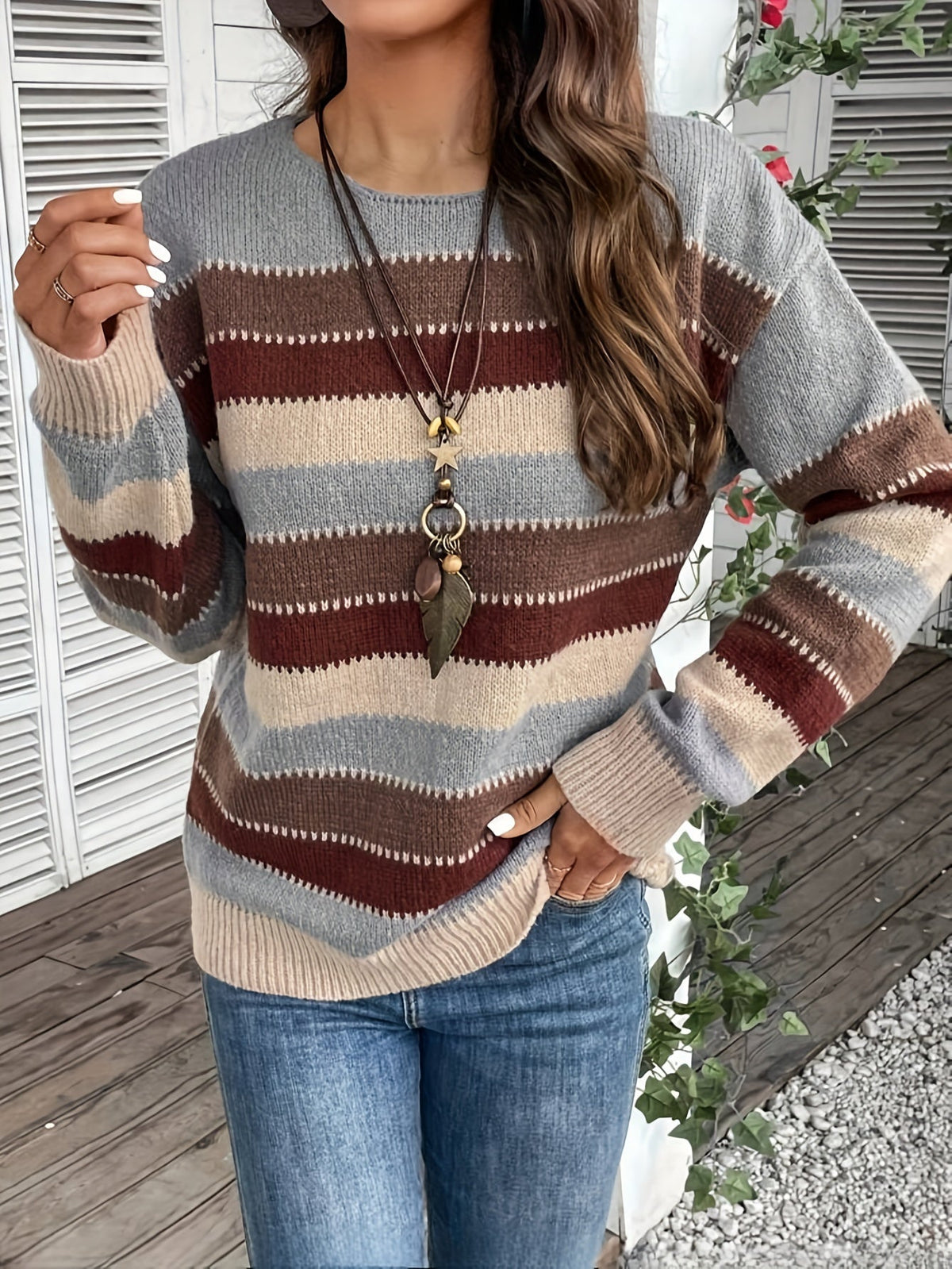 Delphine | Damen gestreifter Pullover mit Rundhalsausschnitt