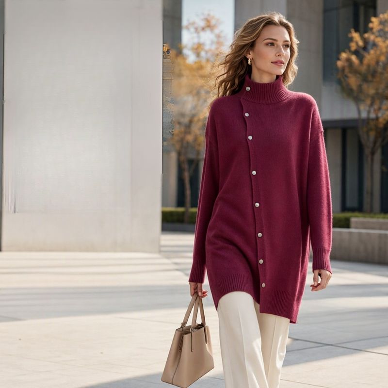Hiroko – Langer Strickpullover mit Rollkragen und Knöpfen