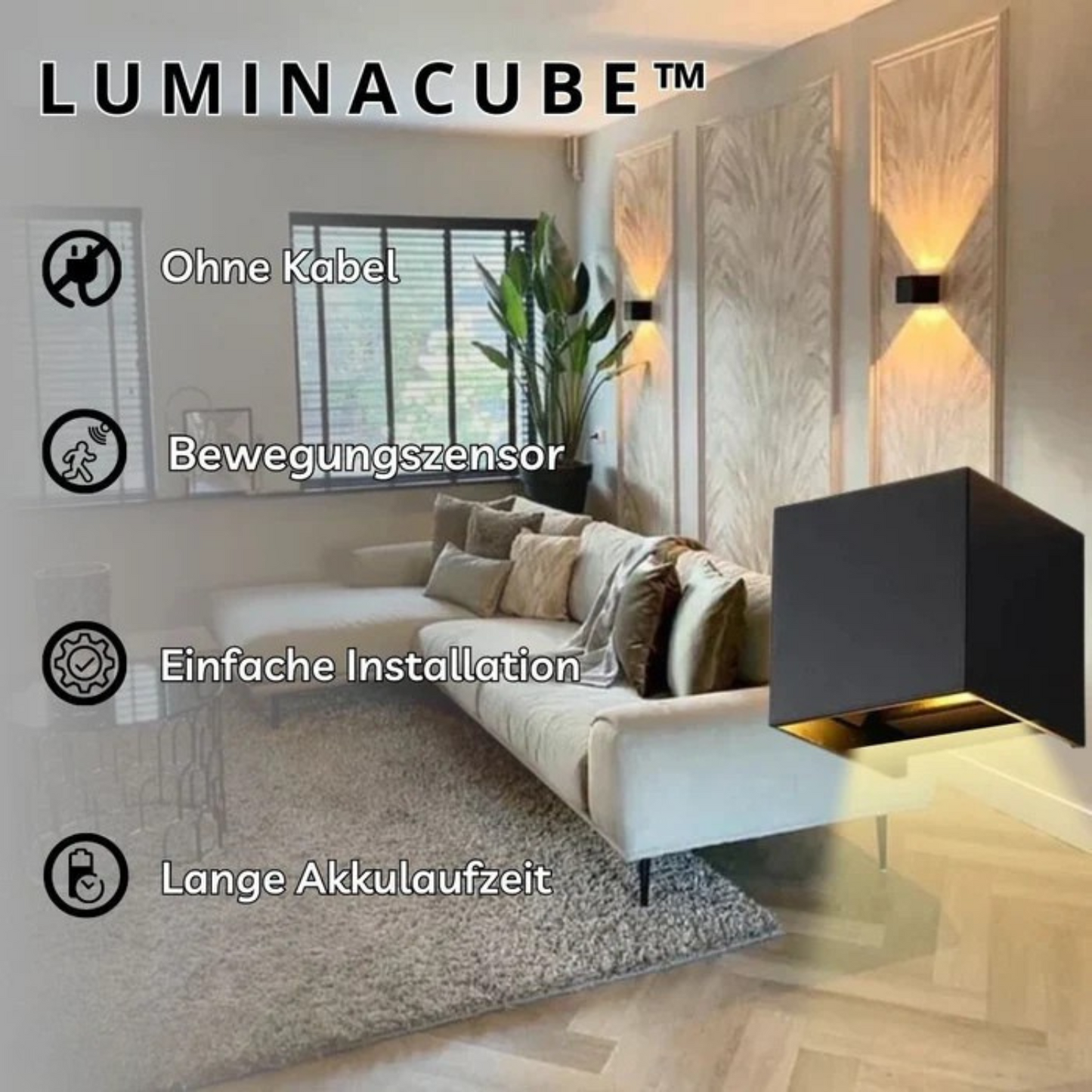 Kabellose Wandlampe mit Bewegungssensor und würfelförmigem Design