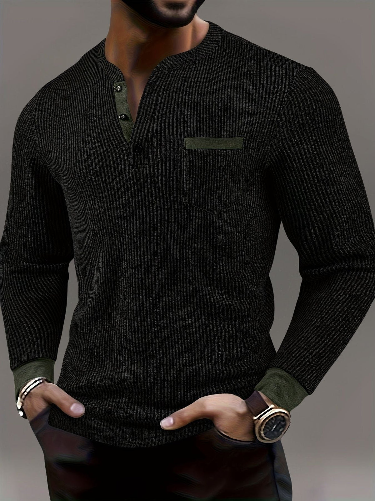 Deegan - Langärmliges Henley Hemd Mit Strukturiertem Gestreiftem Kragen
