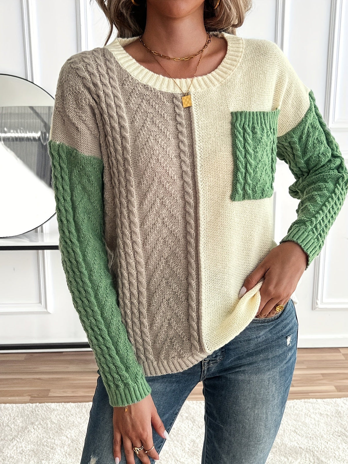 Delia | Damen Pullover mit Rundhalsausschnitt und Tasche