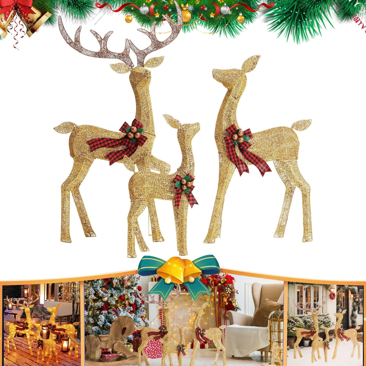 LED Rentierfamilie Weihnachten 3-teilig für außen | Beleuchtete Rentierfiguren mit warmweißen LEDs und Metallrahmen