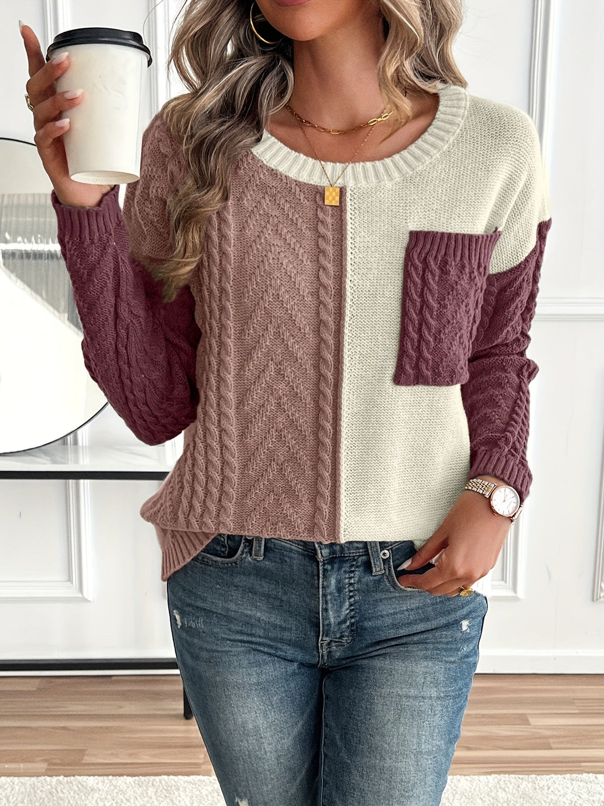 Delia | Damen Pullover mit Rundhalsausschnitt und Tasche
