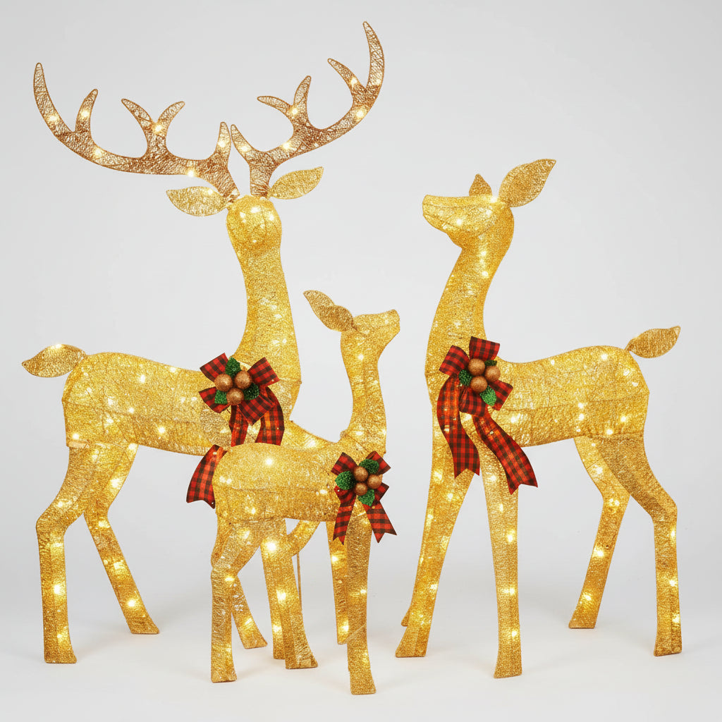 LED Rentierfamilie Weihnachten 3-teilig für außen | Beleuchtete Rentierfiguren mit warmweißen LEDs und Metallrahmen