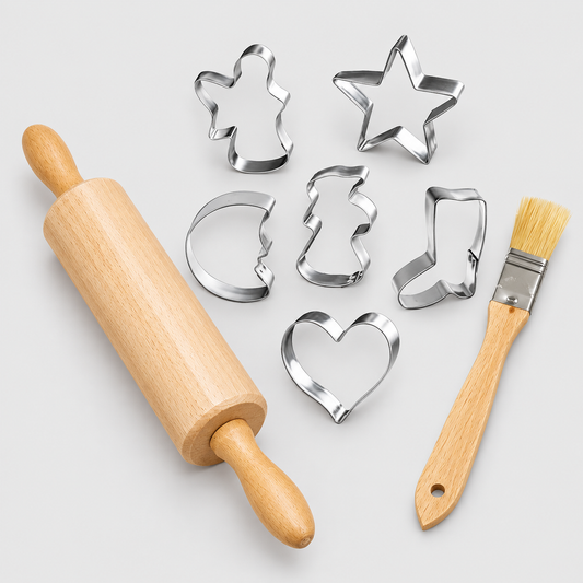 Plätzchen Backset mit Nudelholz, Backpinsel und Ausstechformen | 3-teiliges Geschenkset zum Keksebacken für Weihnachten