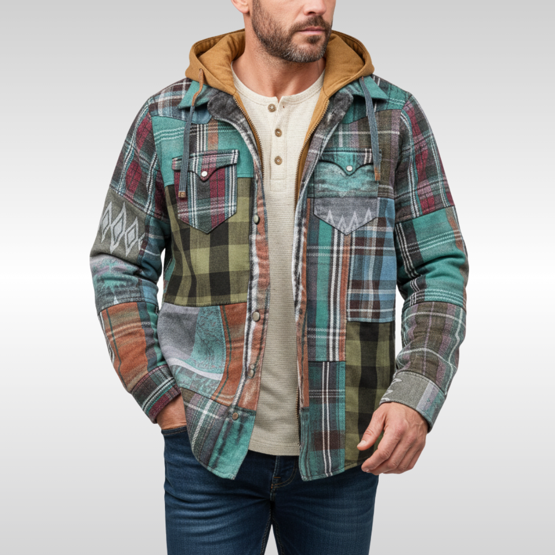 Rowan | Herren Karo-Jacke mit Kapuze, Taschen und Knöpfen