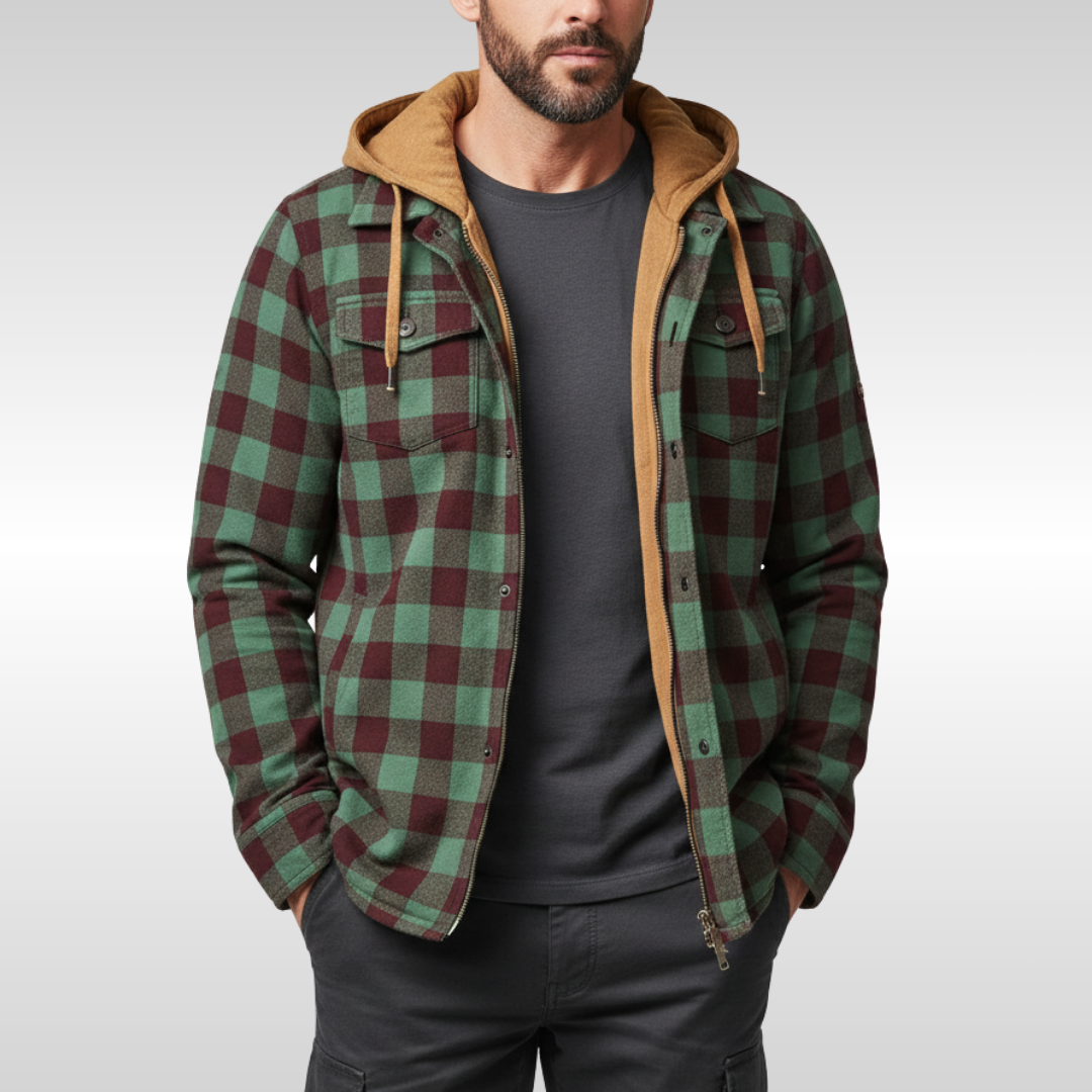 Rowan | Herren Karo-Jacke mit Kapuze, Taschen und Knöpfen