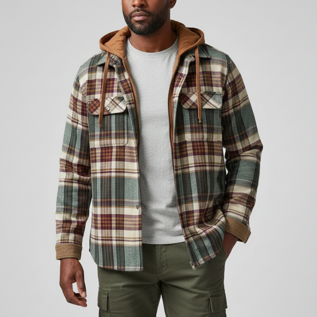 Rowan | Herren Karo-Jacke mit Kapuze, Taschen und Knöpfen