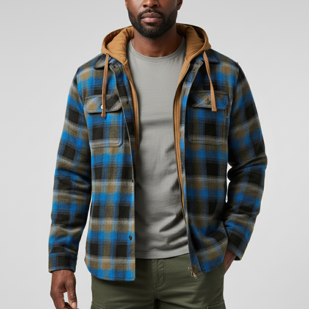 Rowan | Herren Karo-Jacke mit Kapuze, Taschen und Knöpfen
