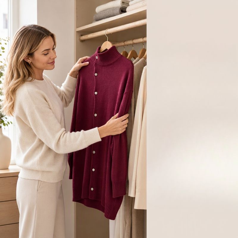 Hiroko – Langer Strickpullover mit Rollkragen und Knöpfen