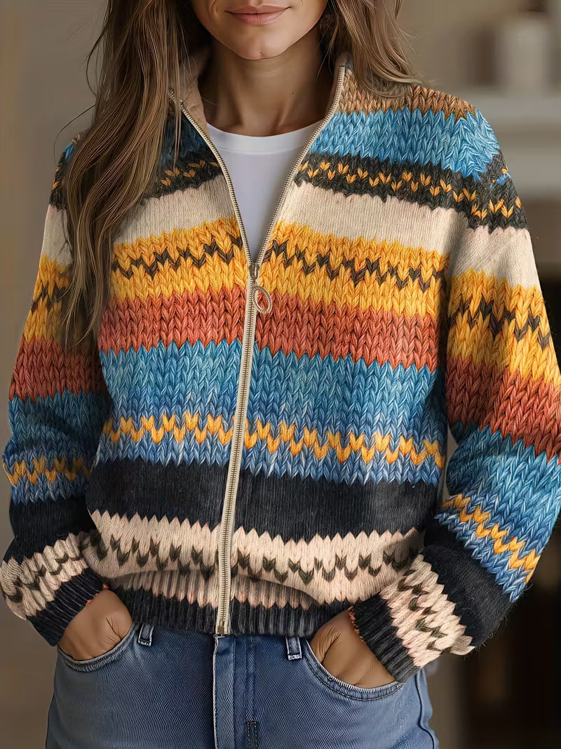 Yseult | Damen Zickzack-Streifen Strickcardigan mit goldfarbener Reißverschluss