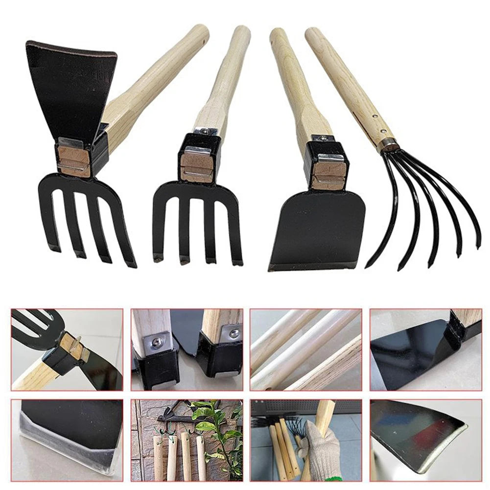 Grünvaro 5-Zinken Handrechen | Mini Hacke & Gartenkultivator | Klinge aus Kohlenstoffstahl | Holzgriff | 38 × 21 × 8,5 cm
