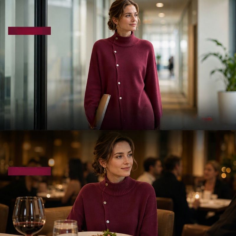 Hiroko – Langer Strickpullover mit Rollkragen und Knöpfen