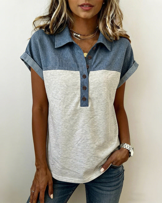 Myleena - Patchwork-T-Shirt Mit Umlegekragen