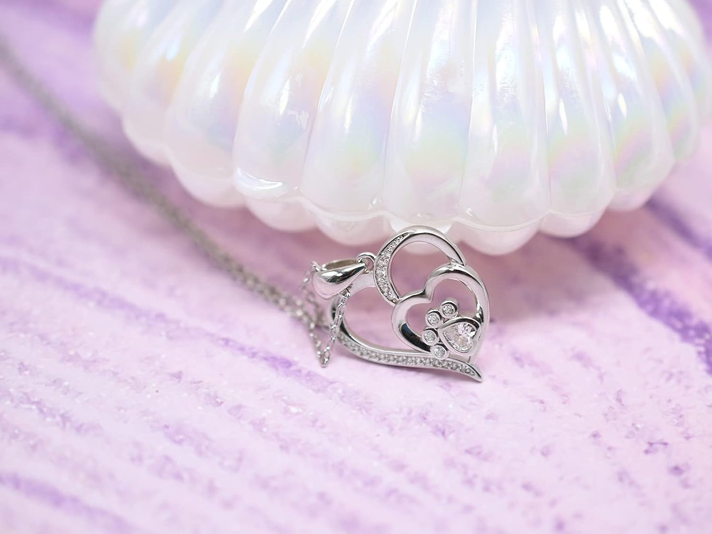 Sterling-Silber Pfoten & Herz Halskette mit Zirkonia