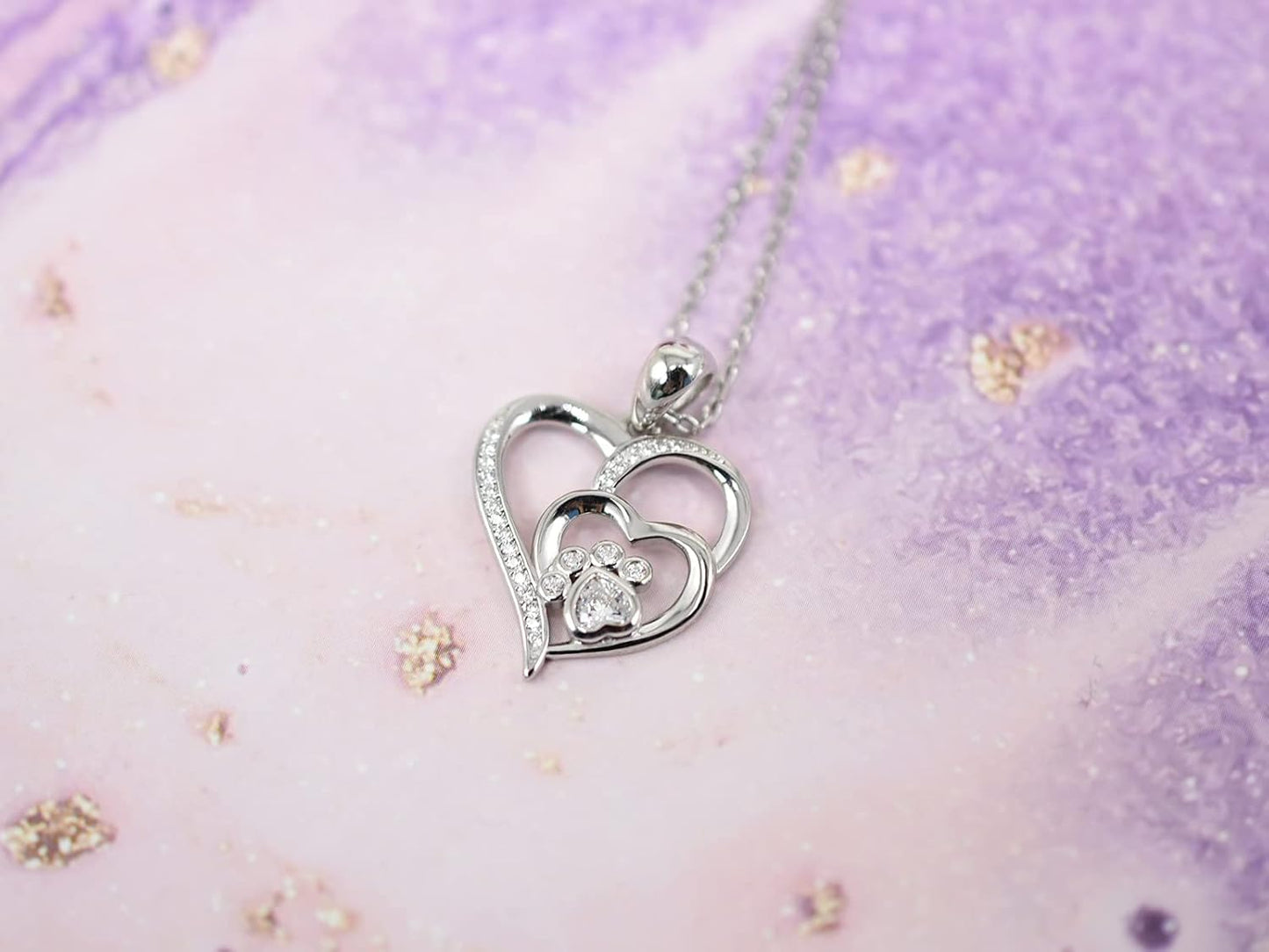 Sterling-Silber Pfoten & Herz Halskette mit Zirkonia