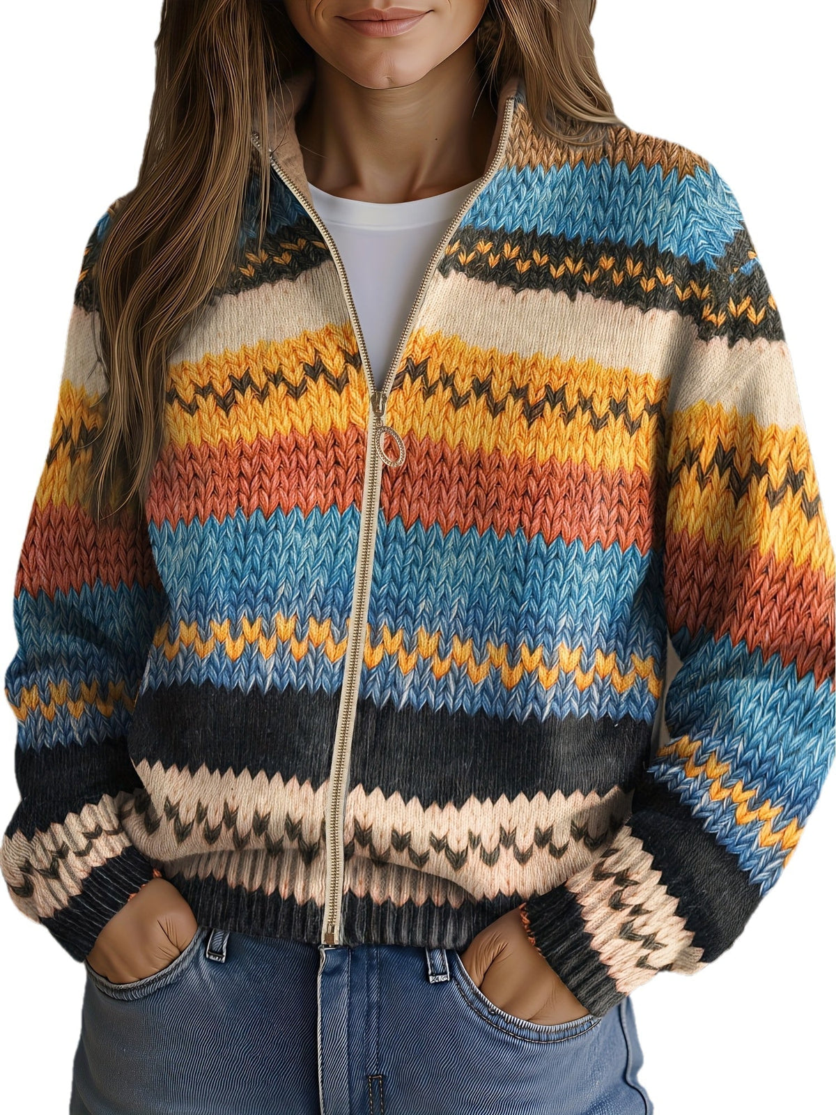 Yseult | Damen Zickzack-Streifen Strickcardigan mit goldfarbener Reißverschluss