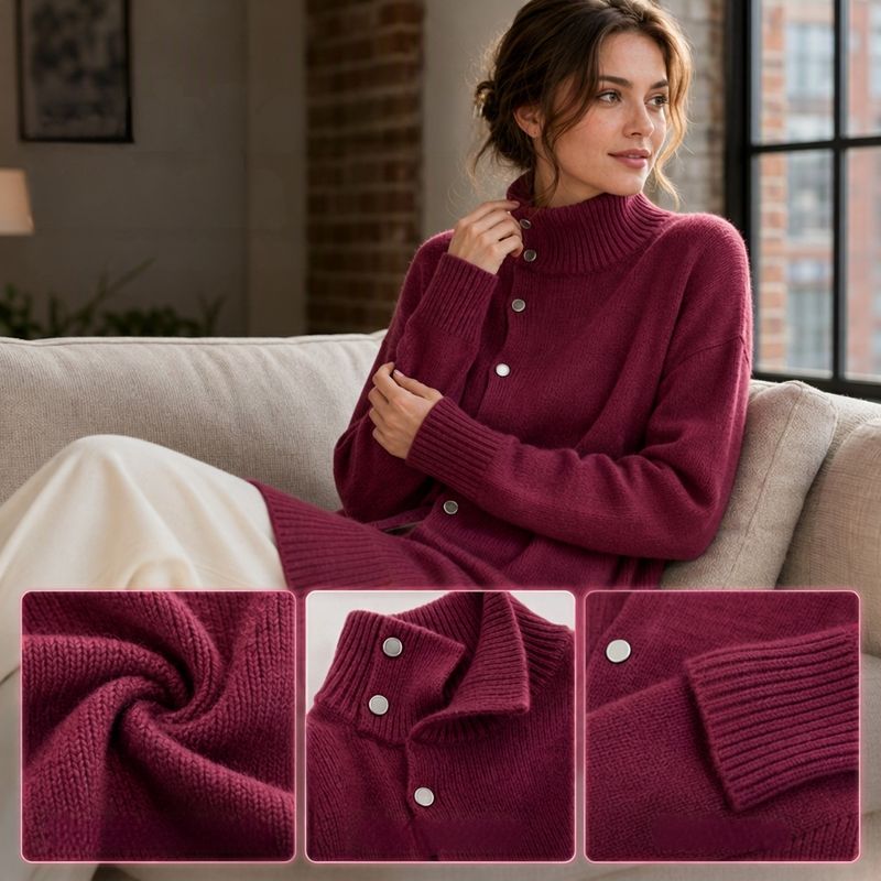 Hiroko – Langer Strickpullover mit Rollkragen und Knöpfen