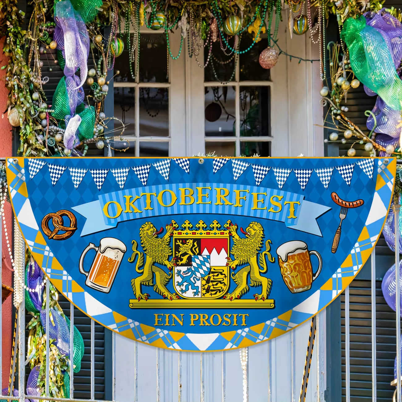 Oktoberfest Party Dekoration | Blau-weiß kariertes bayrisches Faltenfächer-Wimpel | Hängendes Banner