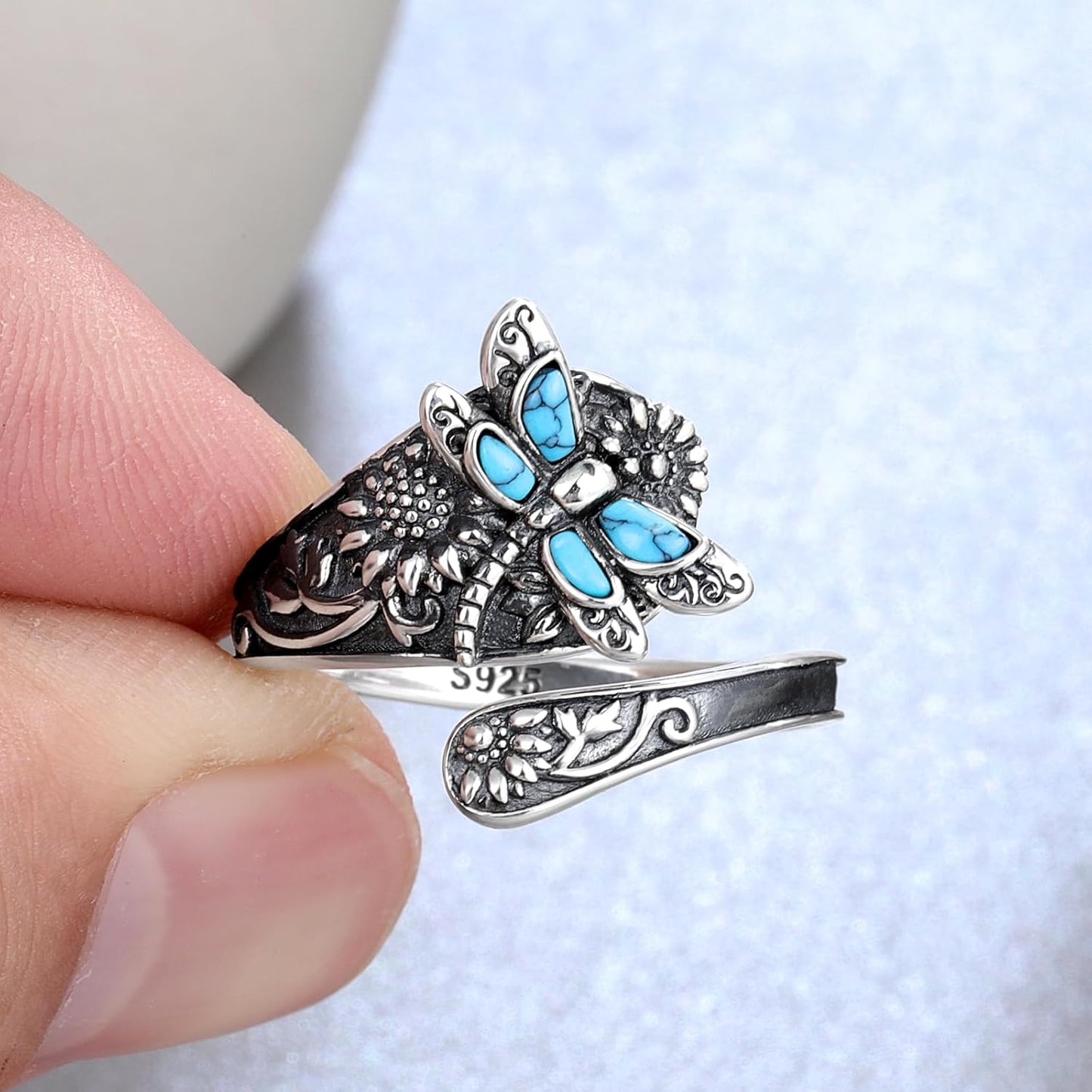 Sterling-Silber Türkis Löffelring – Vintage Boho Wickelring mit Libelle