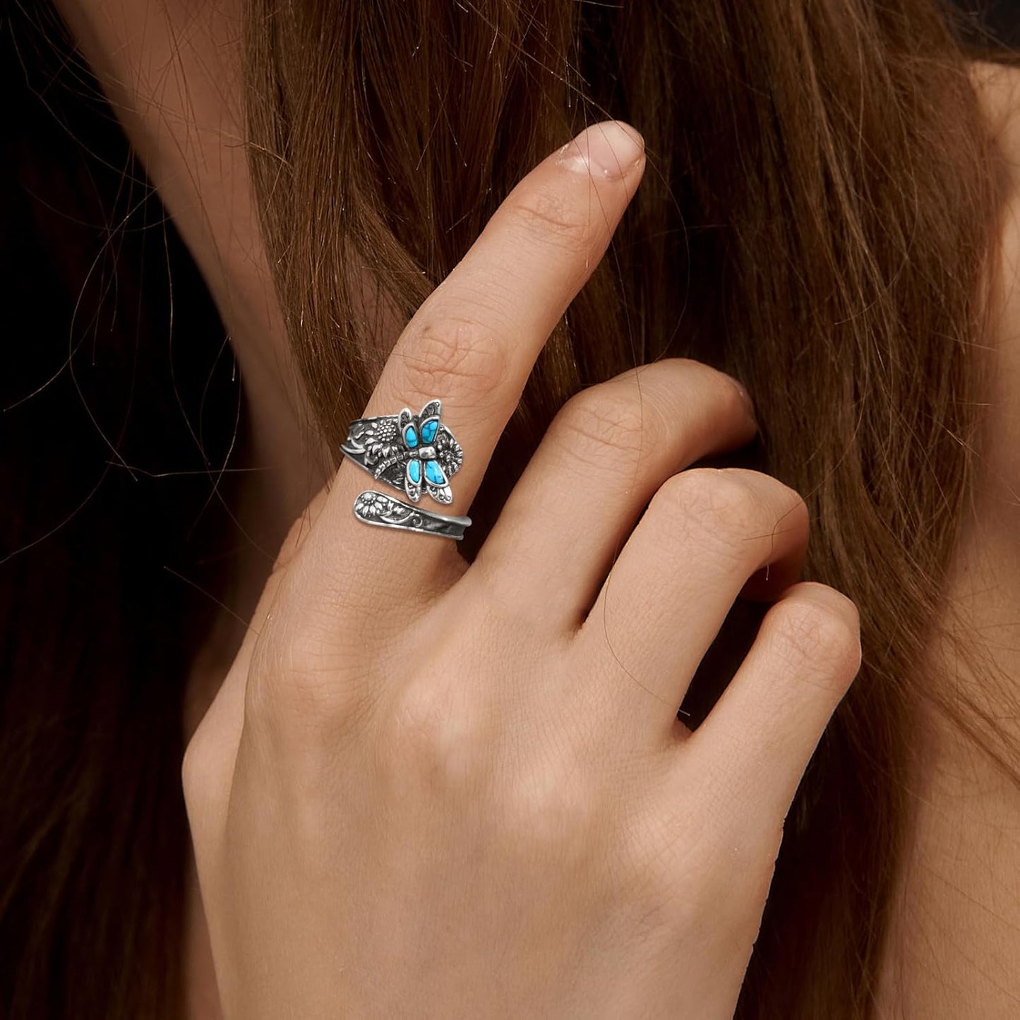 Sterling-Silber Türkis Löffelring – Vintage Boho Wickelring mit Libelle