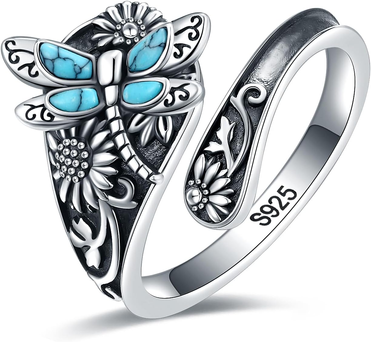 Sterling-Silber Türkis Löffelring – Vintage Boho Wickelring mit Libelle