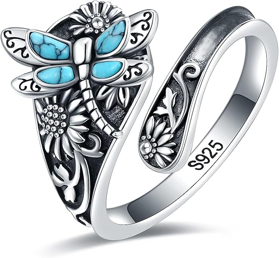 Sterling-Silber Türkis Löffelring – Vintage Boho Wickelring mit Libelle